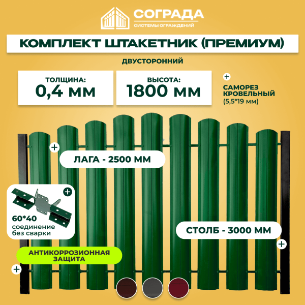 Забор из евроштакетника 1 ряд Премиум 1,7 м